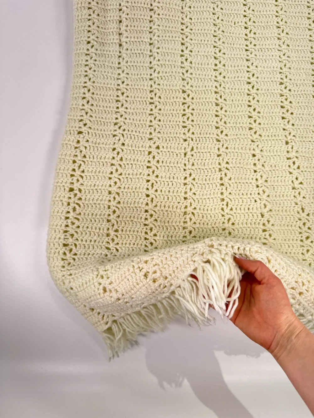 Handmade Cream Crochet Fringe Square Throw Blanket Boho 52x52